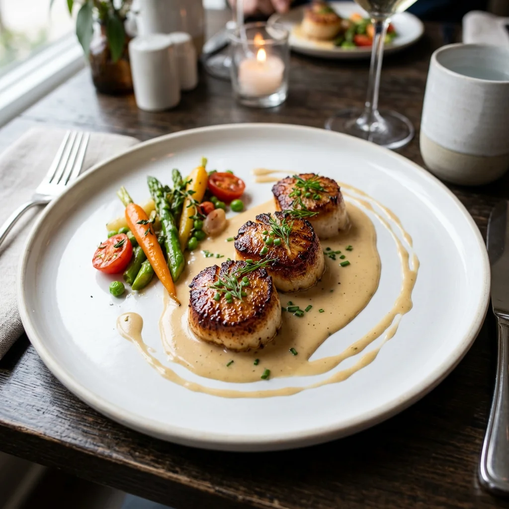 Noix de Saint-Jacques poêlées au beurre blanc servies en entrée au Restaurant Le 31 Amiens